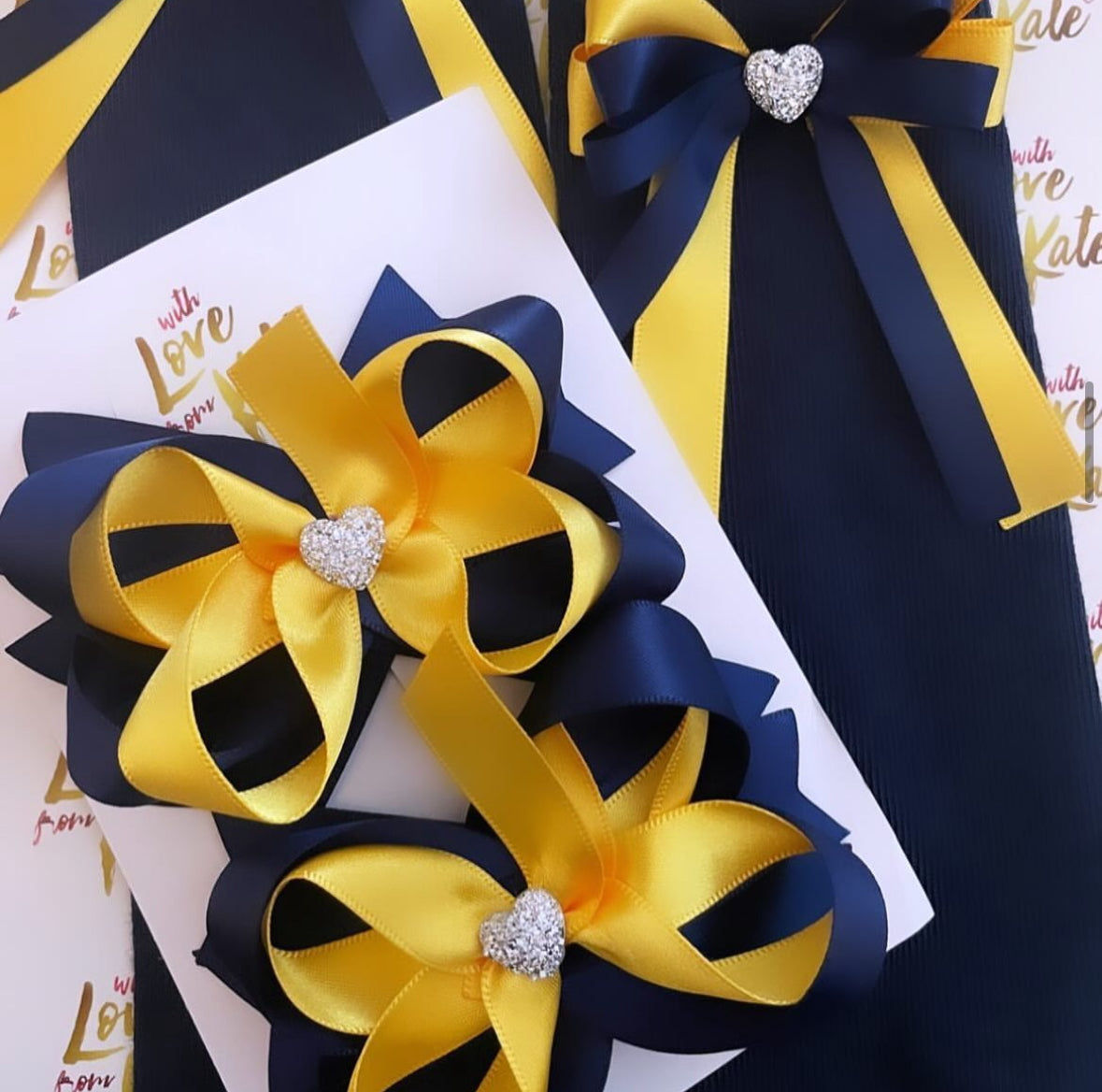 Navy & yellow long tail bow socks & stacked bows set