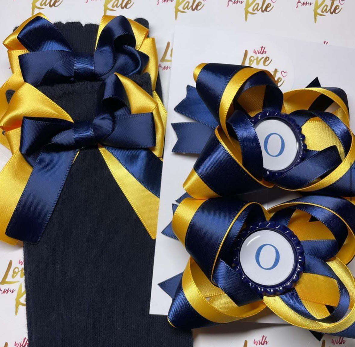 Yellow & navy long tail bow socks & personalised bows set