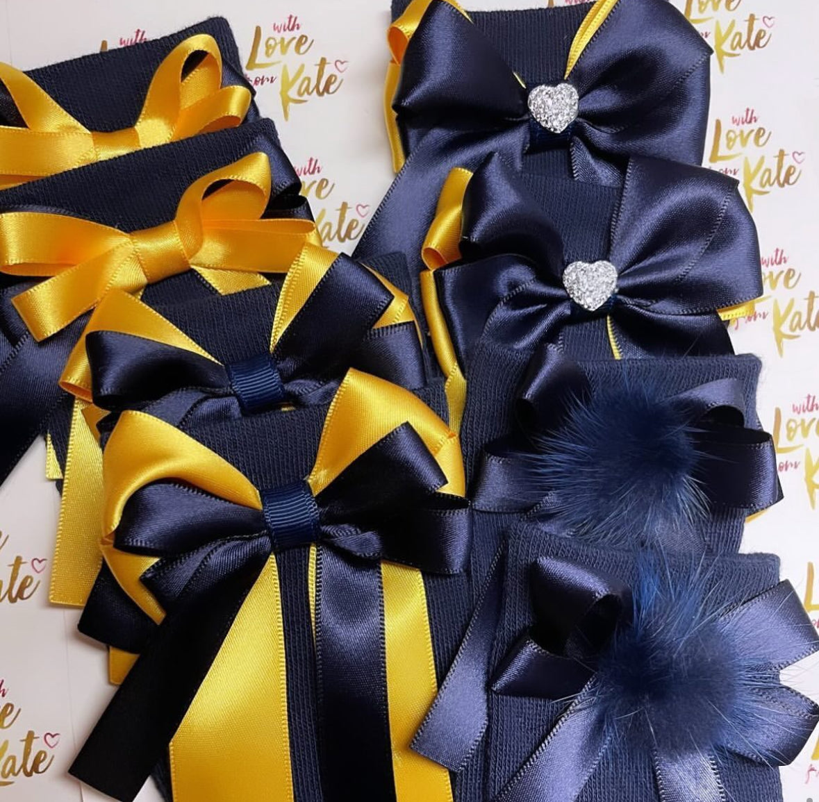Navy & yellow long tail bow knee high socks bundle