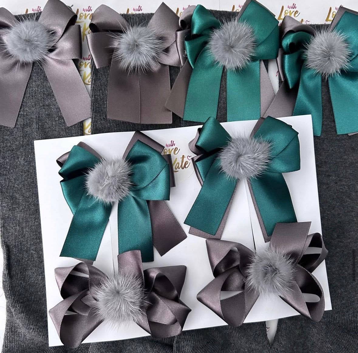 Dark green & grey long tail bow knee high socks & bow bundle