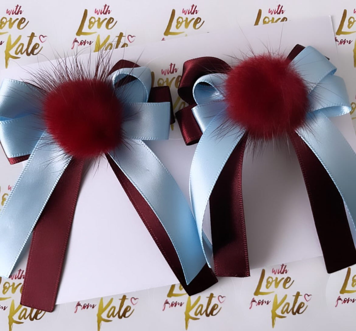 Maroon & light blue long tail bow with pom pom