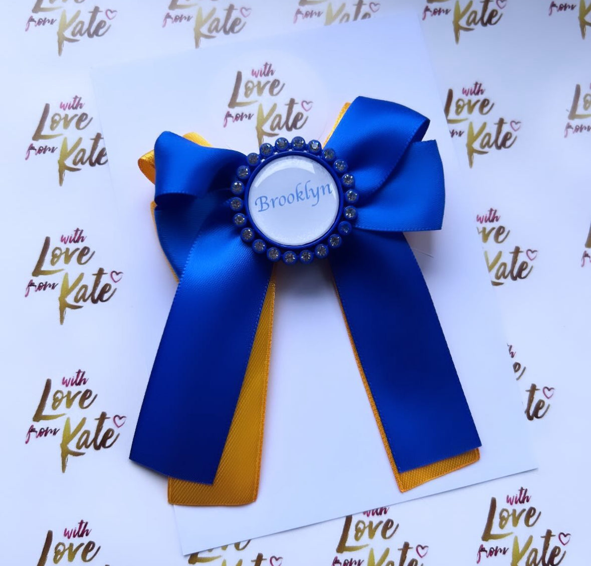Royal blue & yellow long tail bow with personalisation