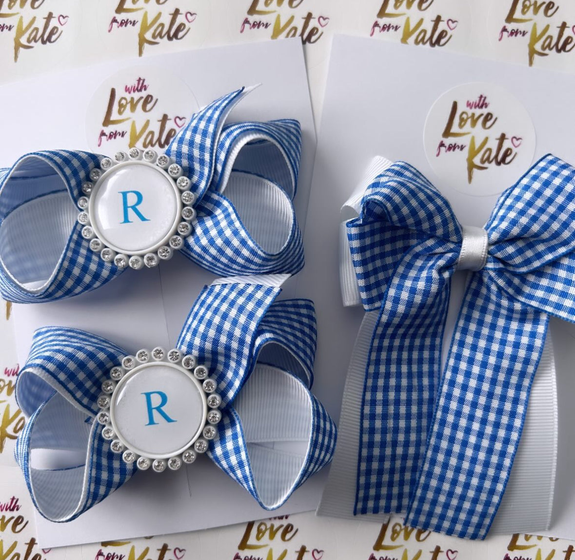 Blue gingham & white boutique & long tail bow set