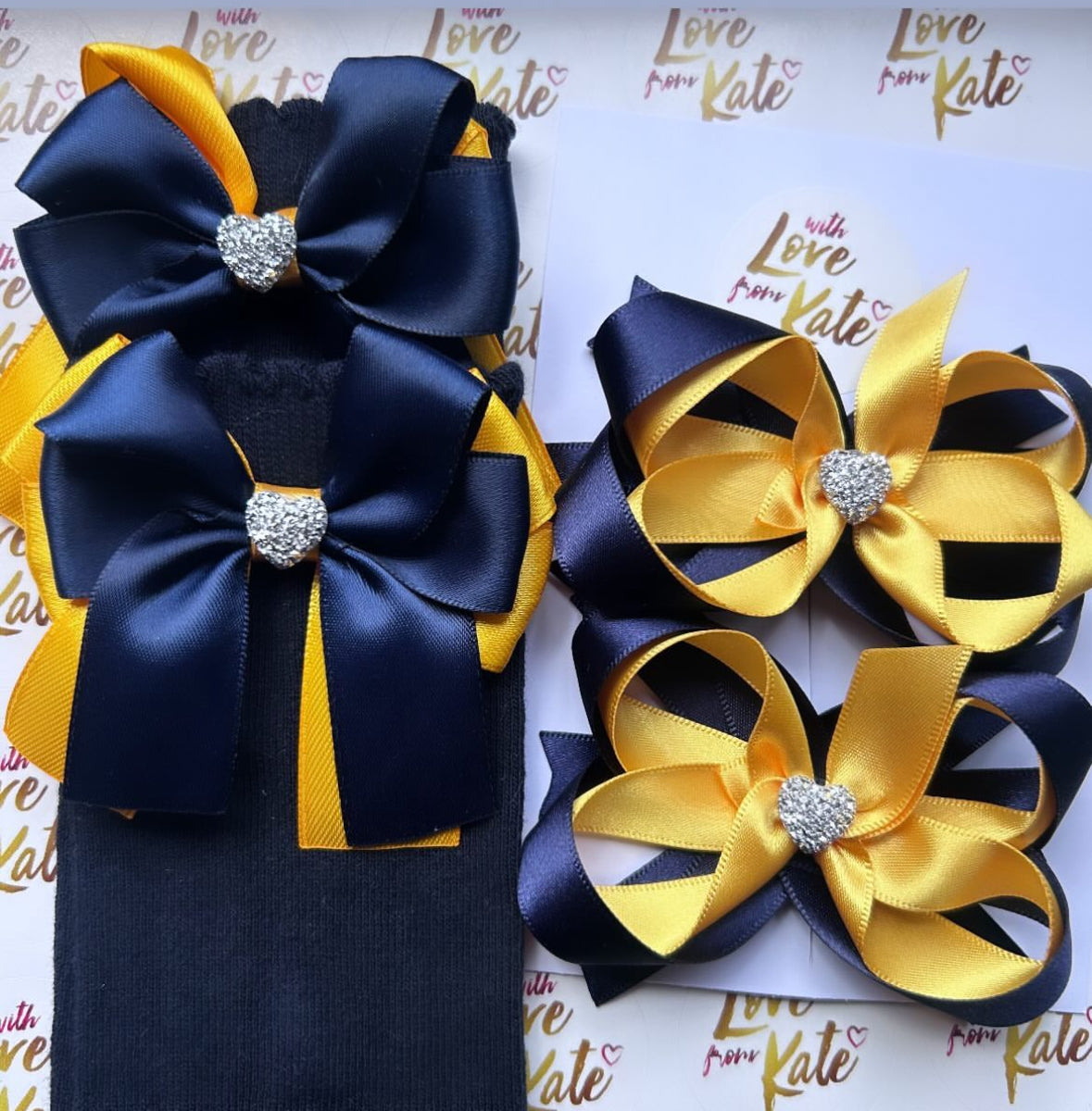 Navy & yellow long tail bow socks & stacked bows set
