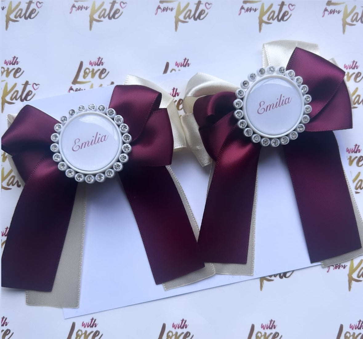 Maroon & cream long tail bow with personalisation