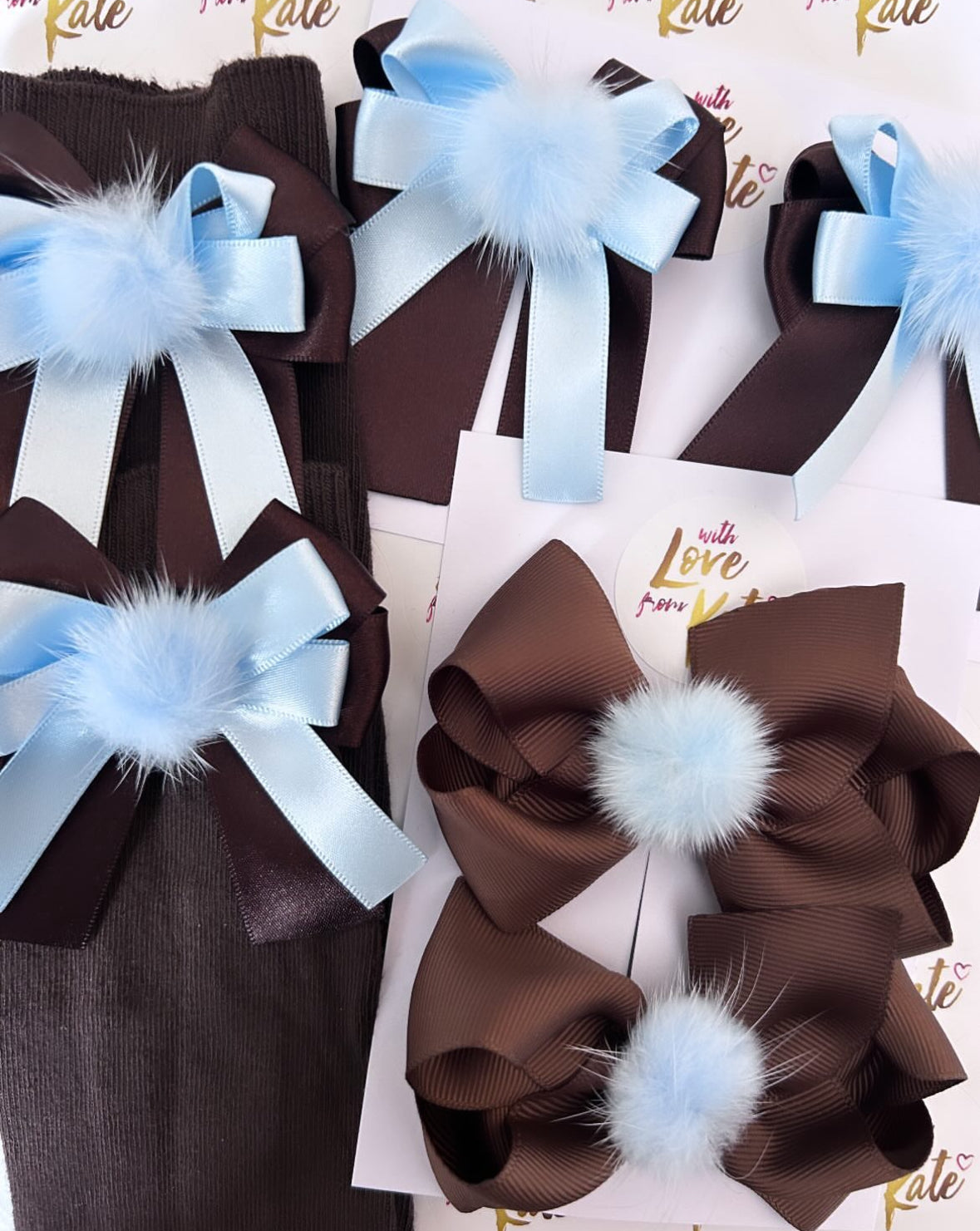 Brown & Light blue pom pom socks & hair bow set