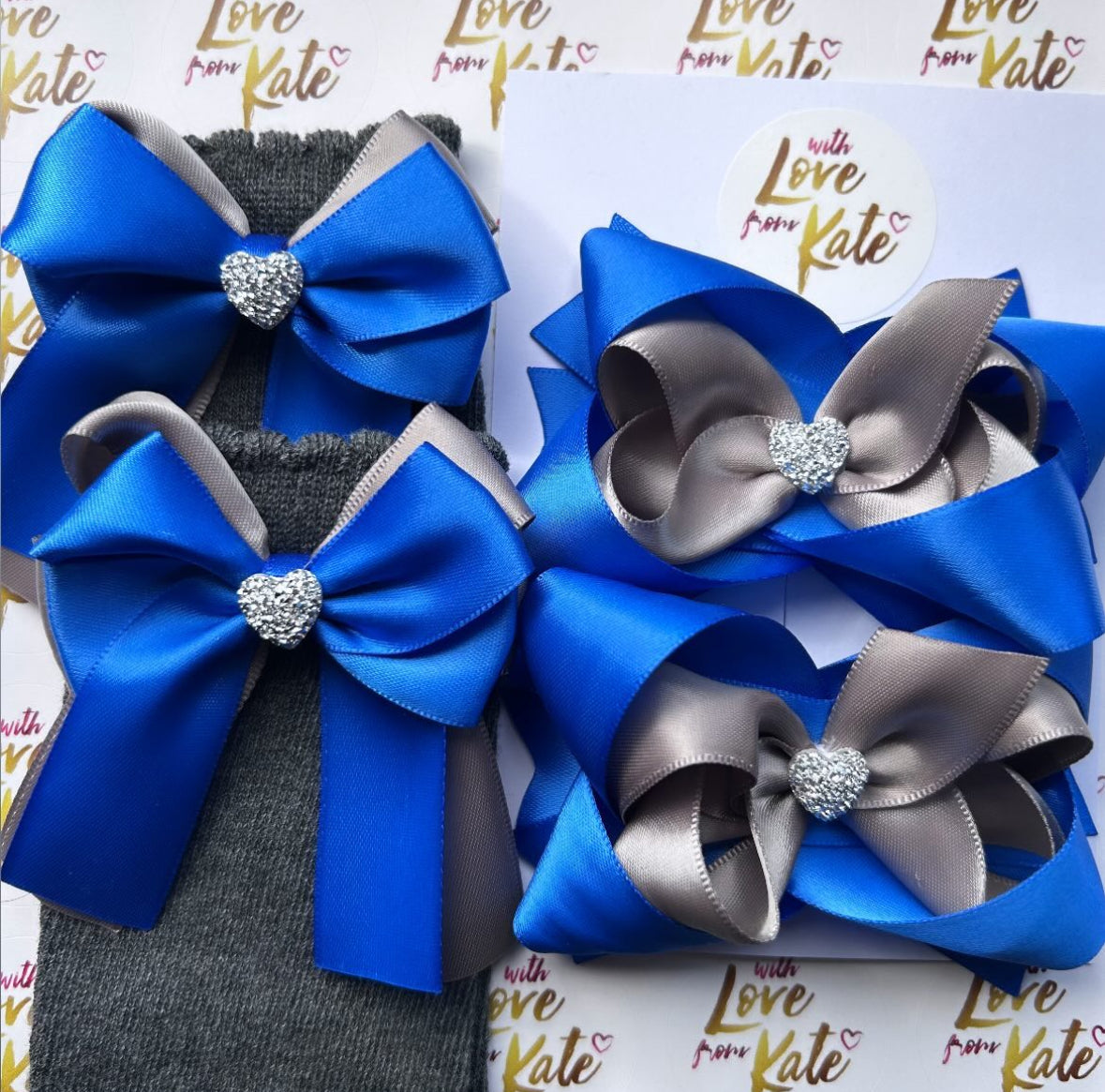 Royal blue & grey socks & stacked bow set