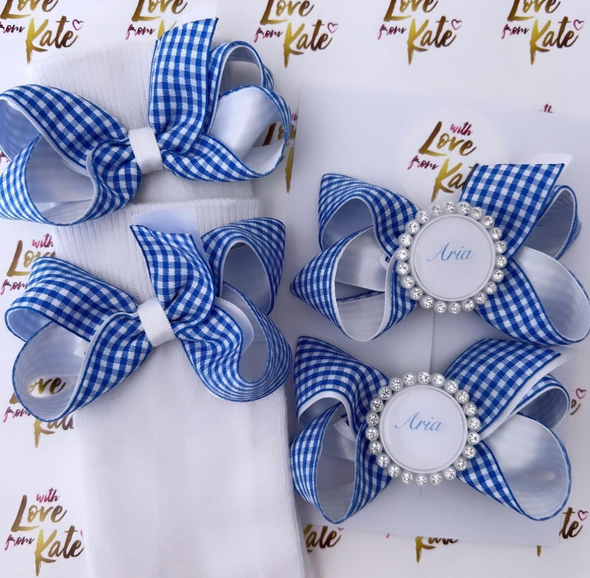 Blue gingham boutique bow socks & personalised bows set
