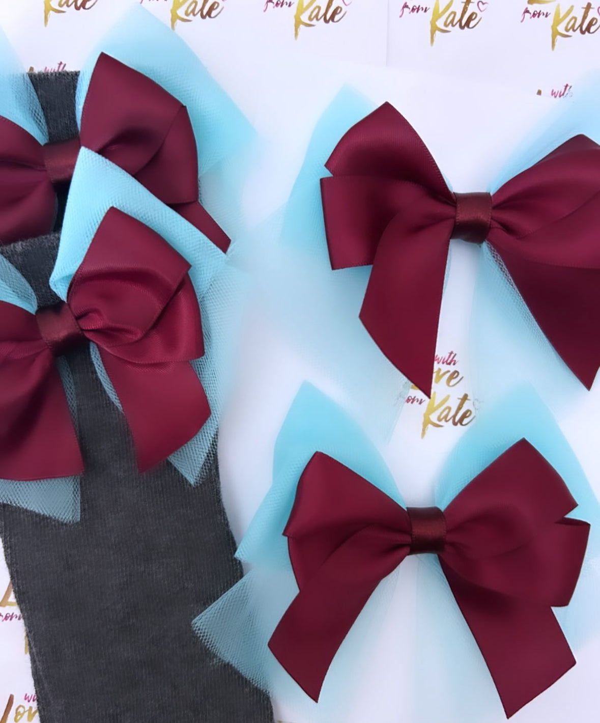 Maroon & light blue tulle & satin bows & sock set