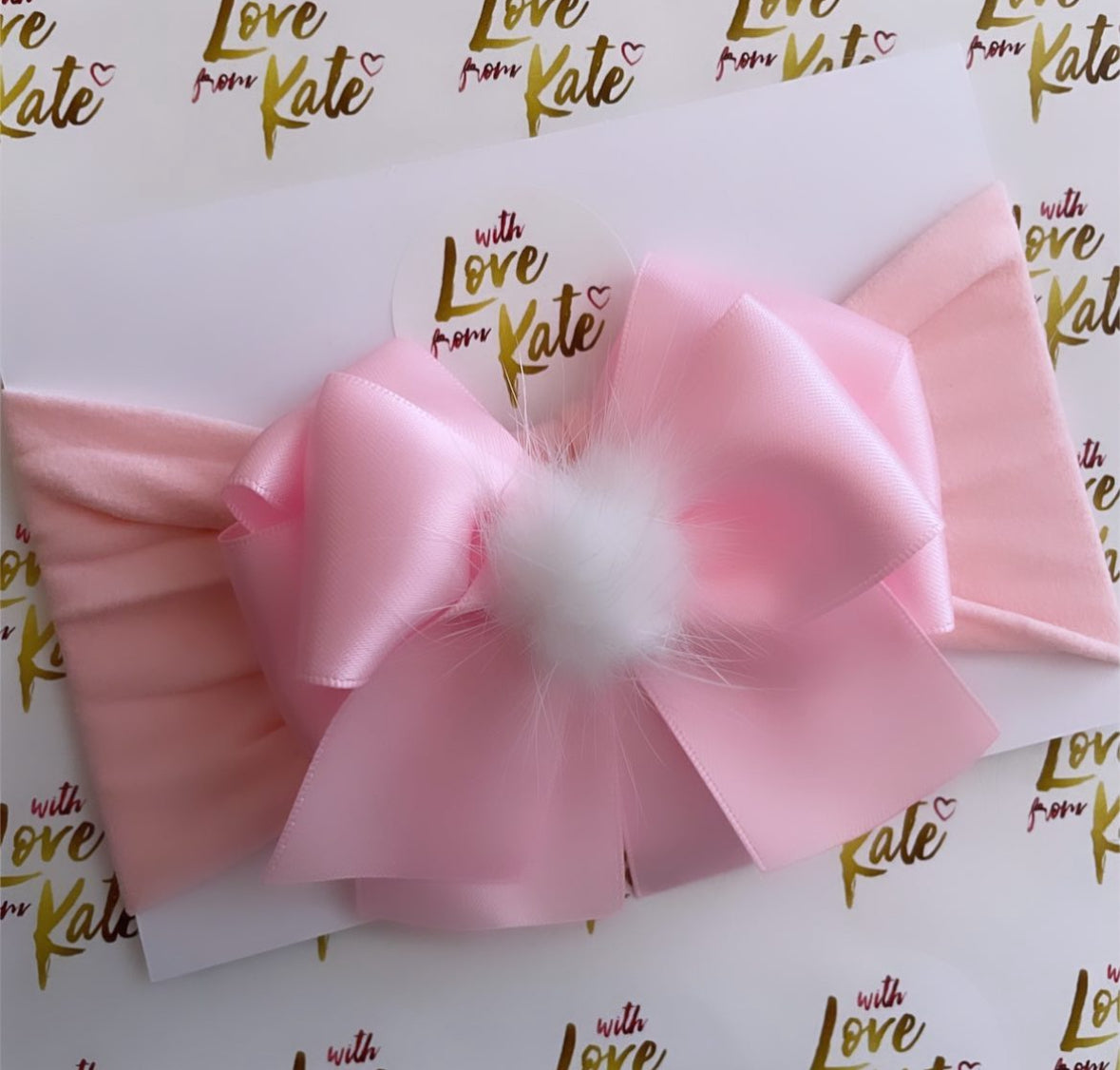 Baby pink & white satin XL Short tail bow baby headband