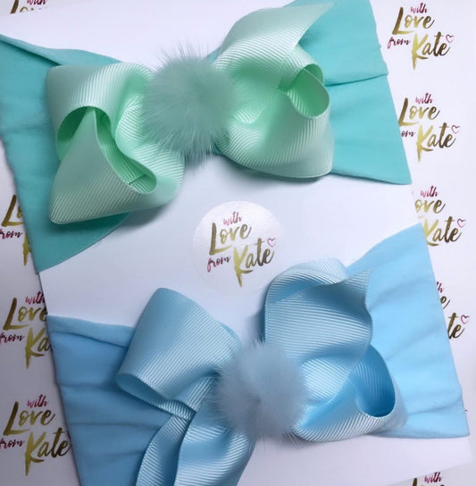 Baby Blue & mint boutique bow baby headband with Pom Pom centre set