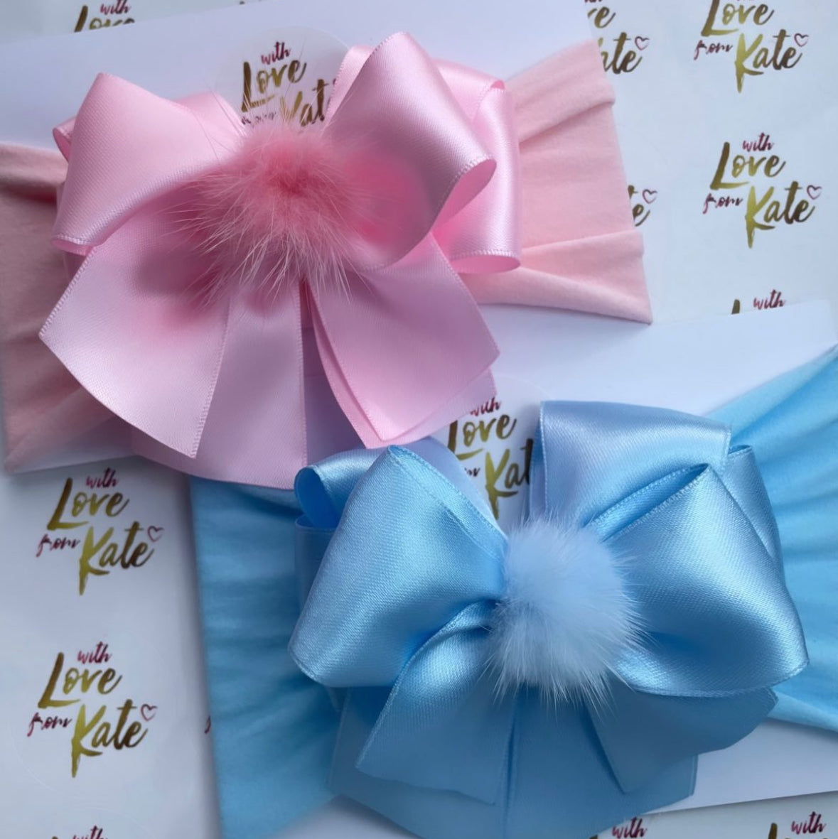 Baby pink & baby blue satin XL Short tail bow baby headband set