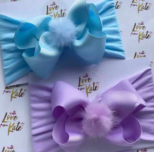 Baby Blue & lilac boutique bow baby headband with Pom Pom centre set