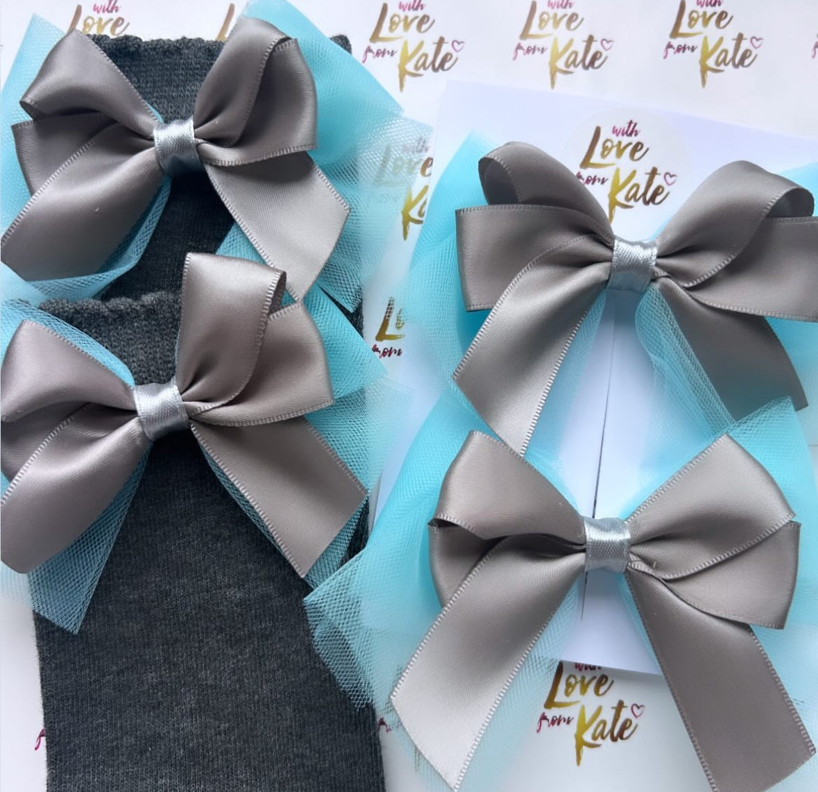 Grey & light blue tulle & satin bows & sock set