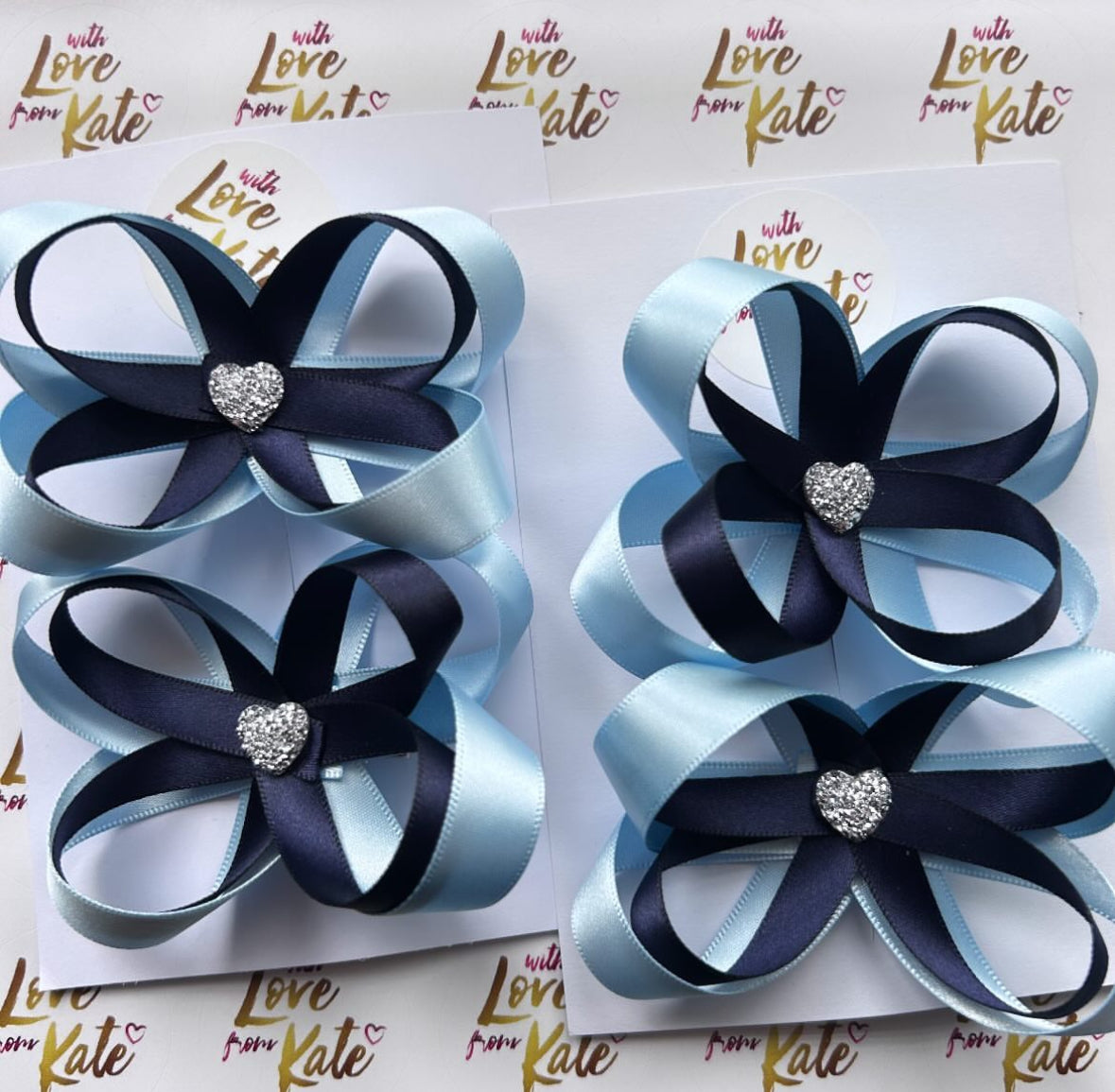 Navy & light blue butterfly bow with heart centre