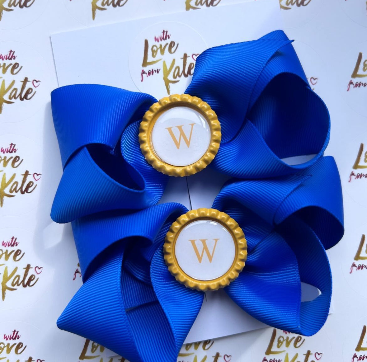 Royal blue boutique bow with yellow frame & personalisation