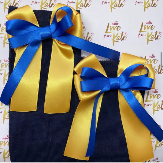 Navy socks with royal blue & yellow long tail bows