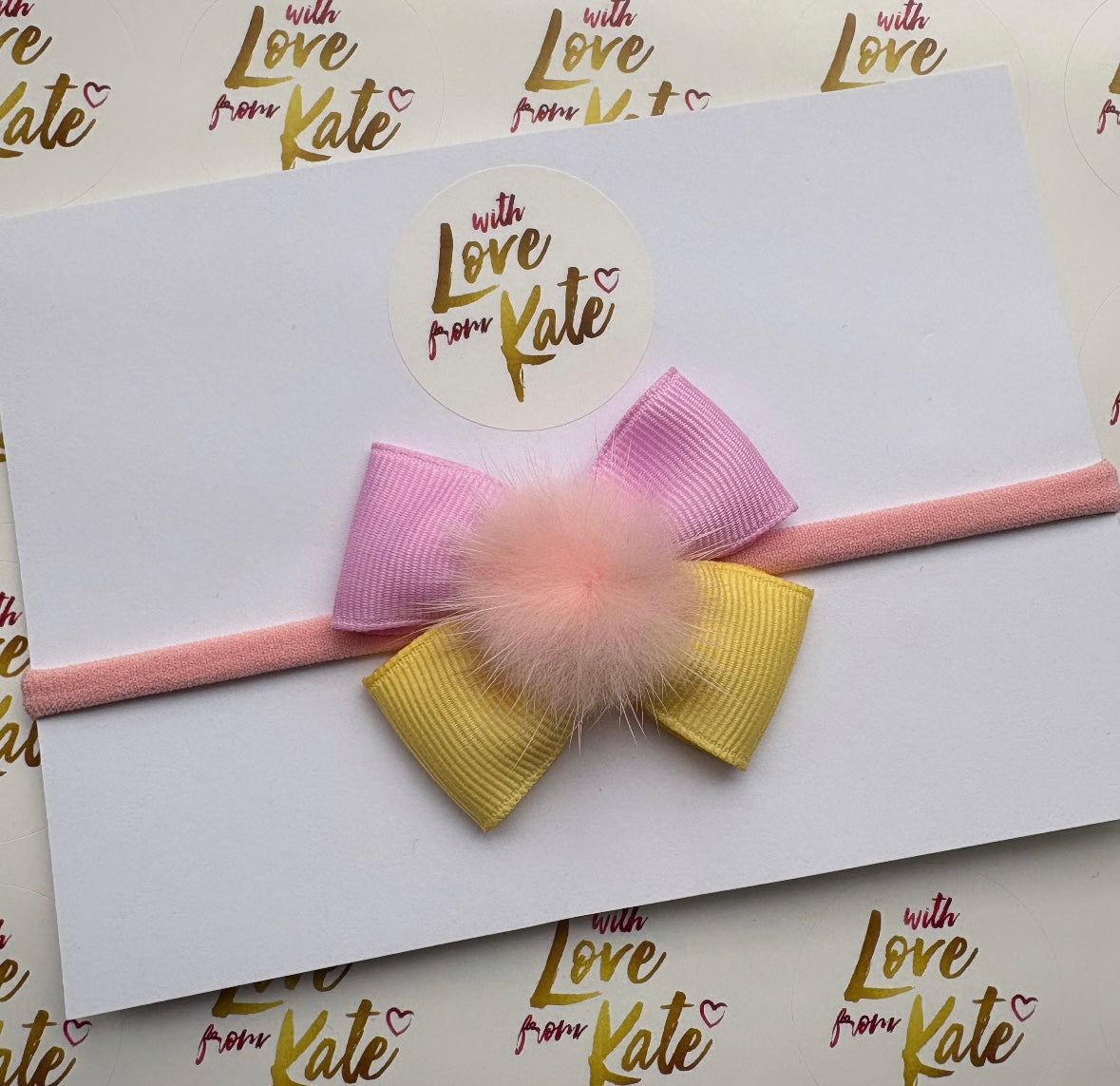 Pink & lemon double Tux bow and with pom pom baby headband