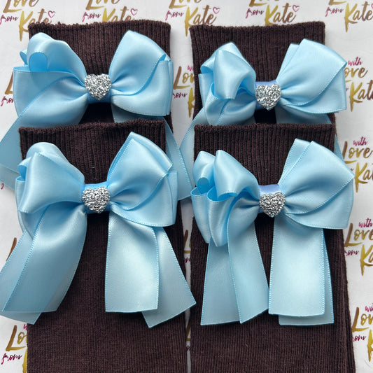 Brown socks with light blue long tail bows