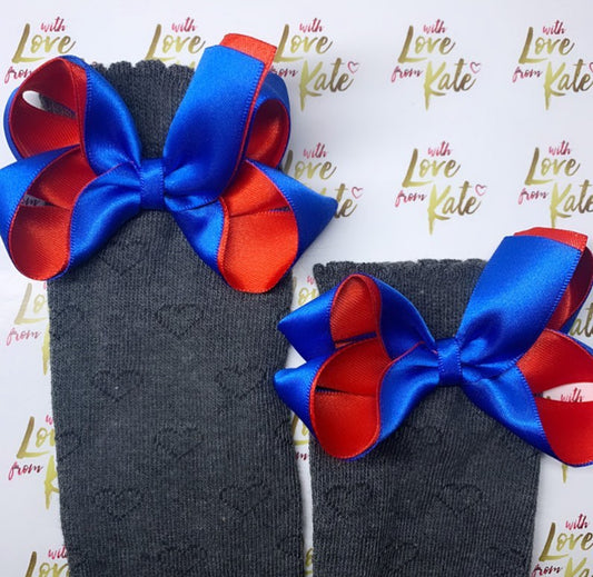 Grey socks with royal blue & red boutique bows