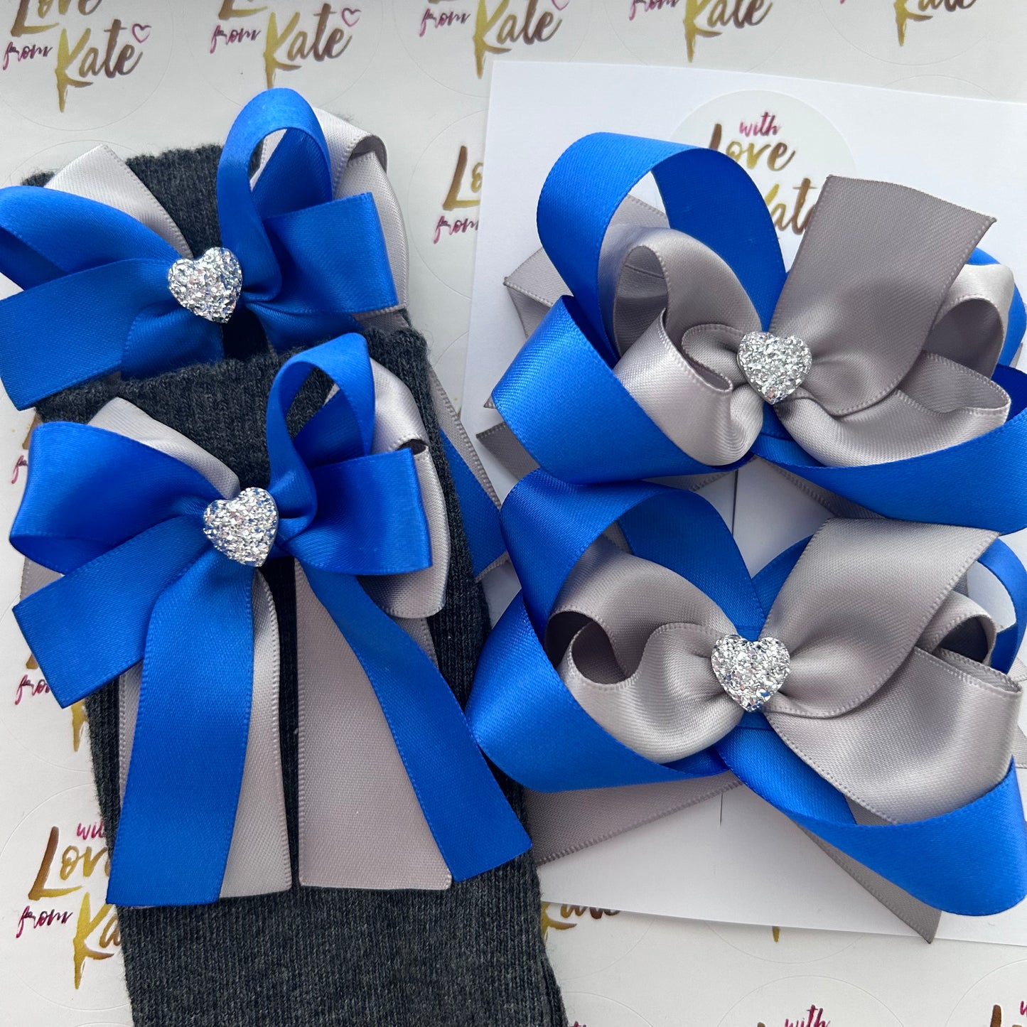 Royal blue & Grey socks & stacked bow set