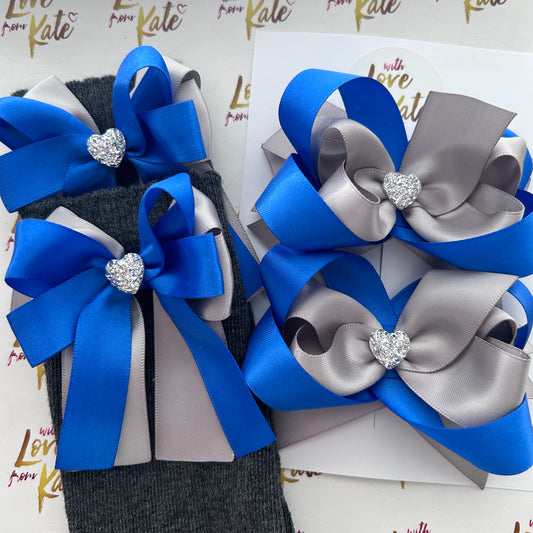 Royal blue & Grey socks & stacked bow set