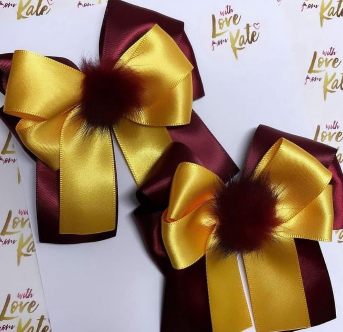 Maroon & yellow XL short tail bow with pom pom