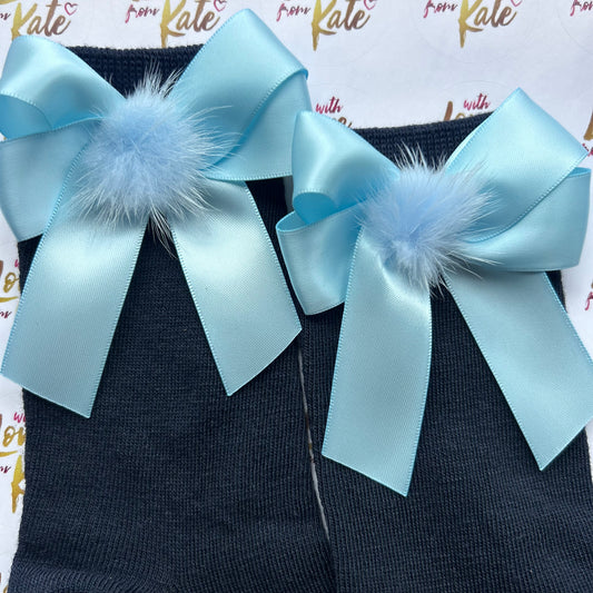 Navy socks with light blue pom pom long tail bows