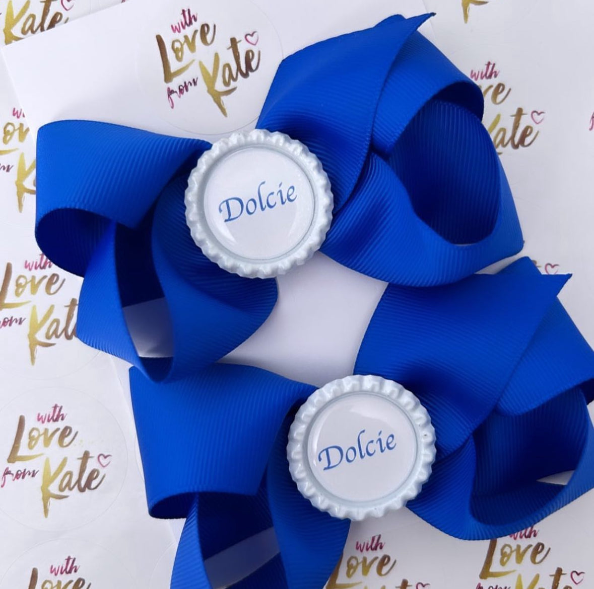 Royal blue boutique bow with white frame & personalisation