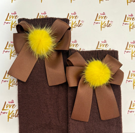 Brown socks with brown & yellow pom pom long tail bows