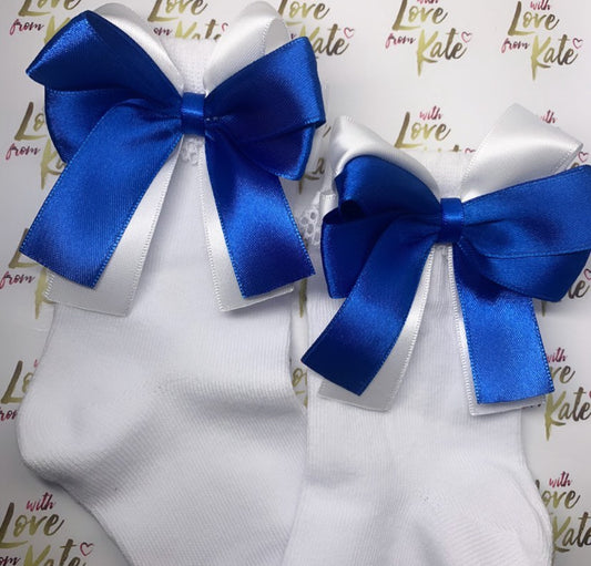 White ankle socks with royal blue & white long tail bows
