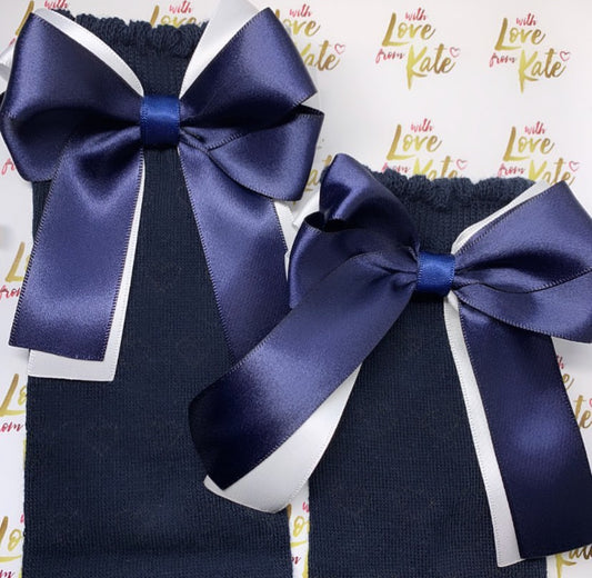 Navy socks with navy & white long tail bows