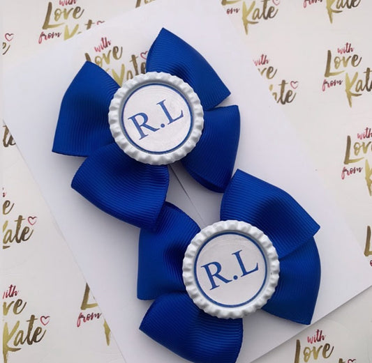 Royal blue double Tux bow with personalisation