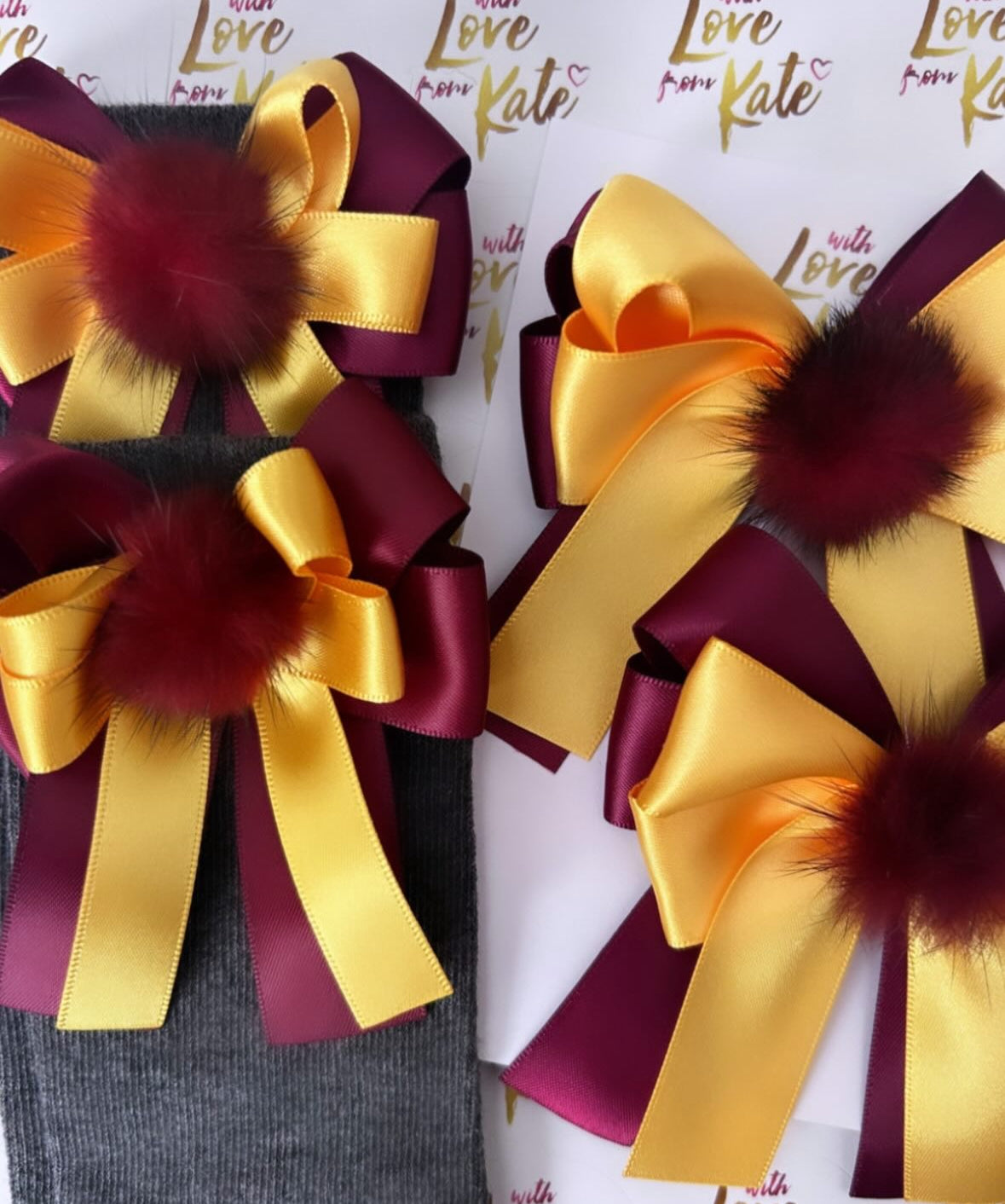 Maroon & Yellow XL short tail bow socks & hair bow set