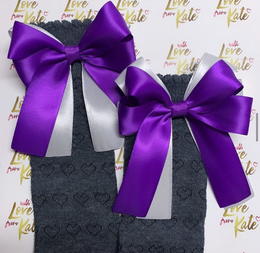 Grey socks with purple & white long tail bows