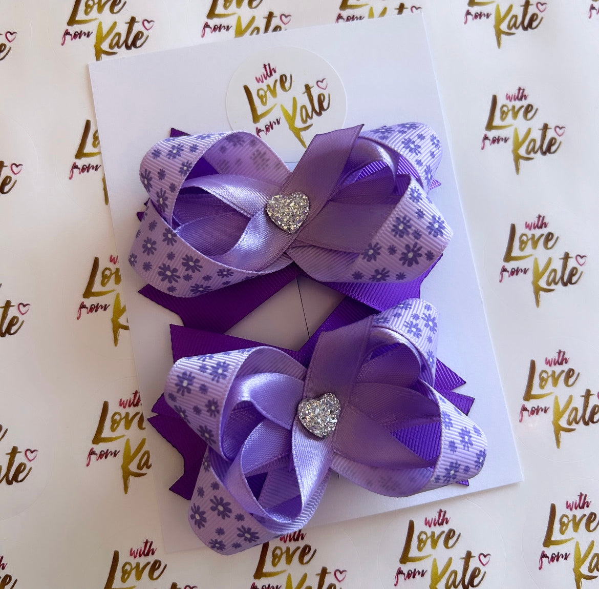 2 x purple floral stacked bows