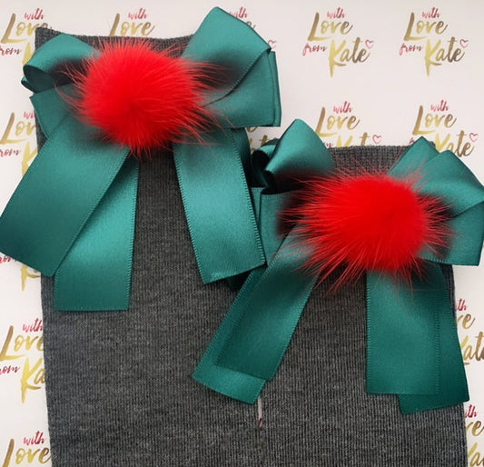 Green socks with green & red pom pom long tail bows