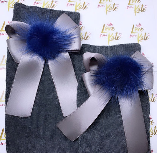 Grey socks with grey long tail bows & navy Poms