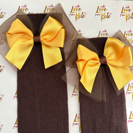 Brown & yellow tulle & satin knee high socks