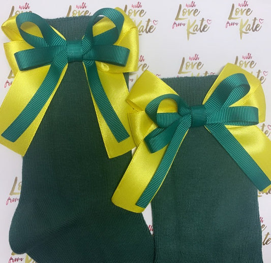 Green ankle socks with green and yellow long tail bows