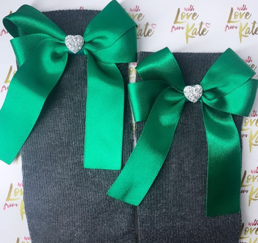 Grey socks with green long tail bows