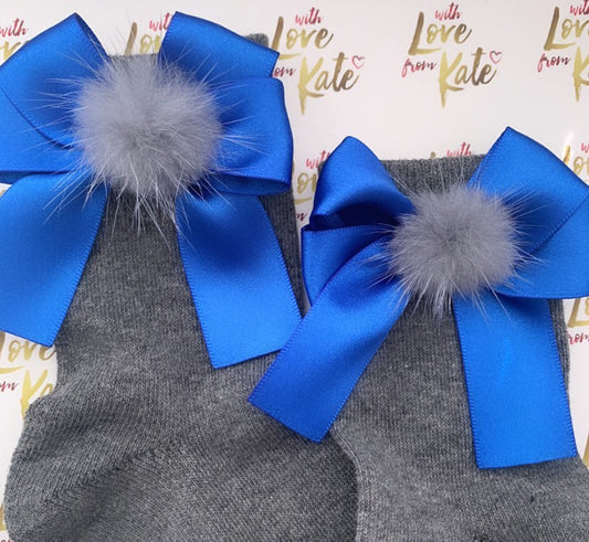 Grey socks with royal blue pom pom long tail bows