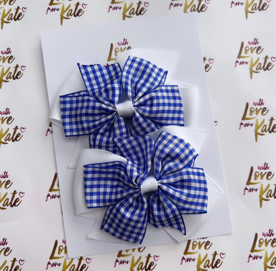 2 x Royal blue & white gingham pinwheel bows