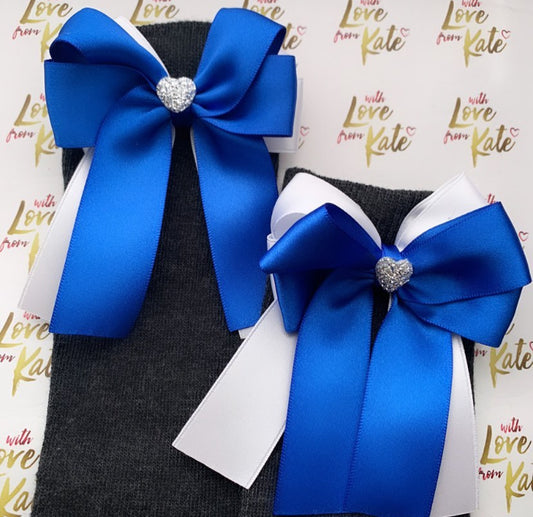 Grey socks with royal blue & white long tail bows