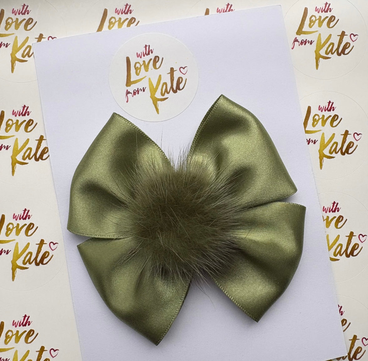 Sage green satin double Tux bow with Pom pom