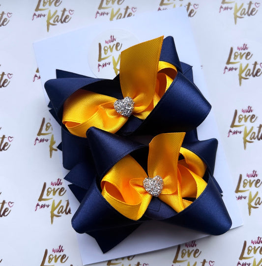 2 x navy & yellow stacked bows