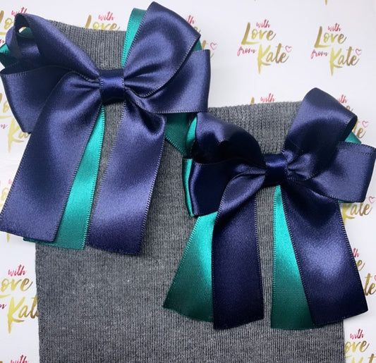 Grey socks with green & navy long tail bows