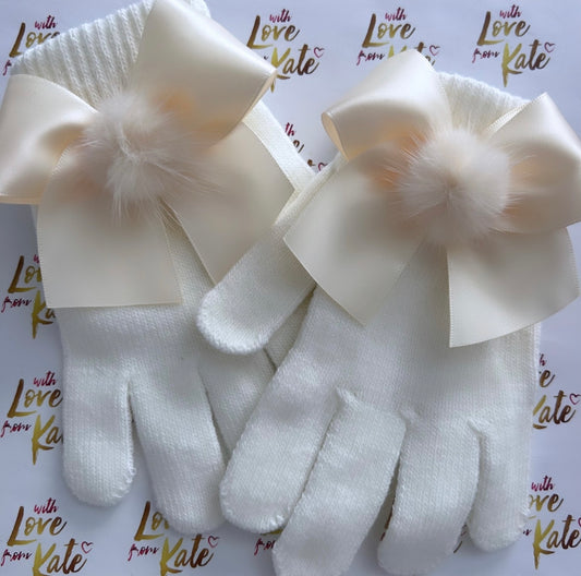 Cream gloves with satin bow and Pom Poms