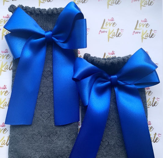 Grey socks with royal blue long tail bows
