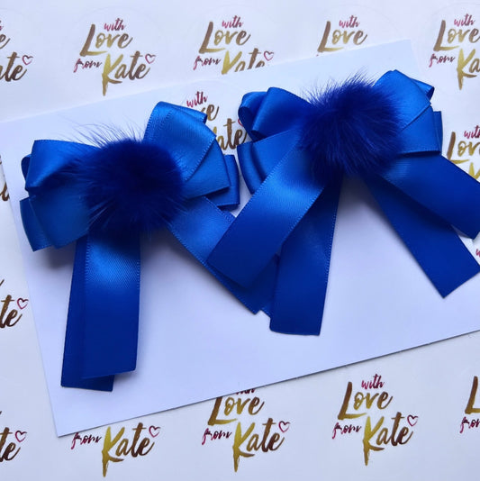 2 x Royal blue short tail bows with Pom poms